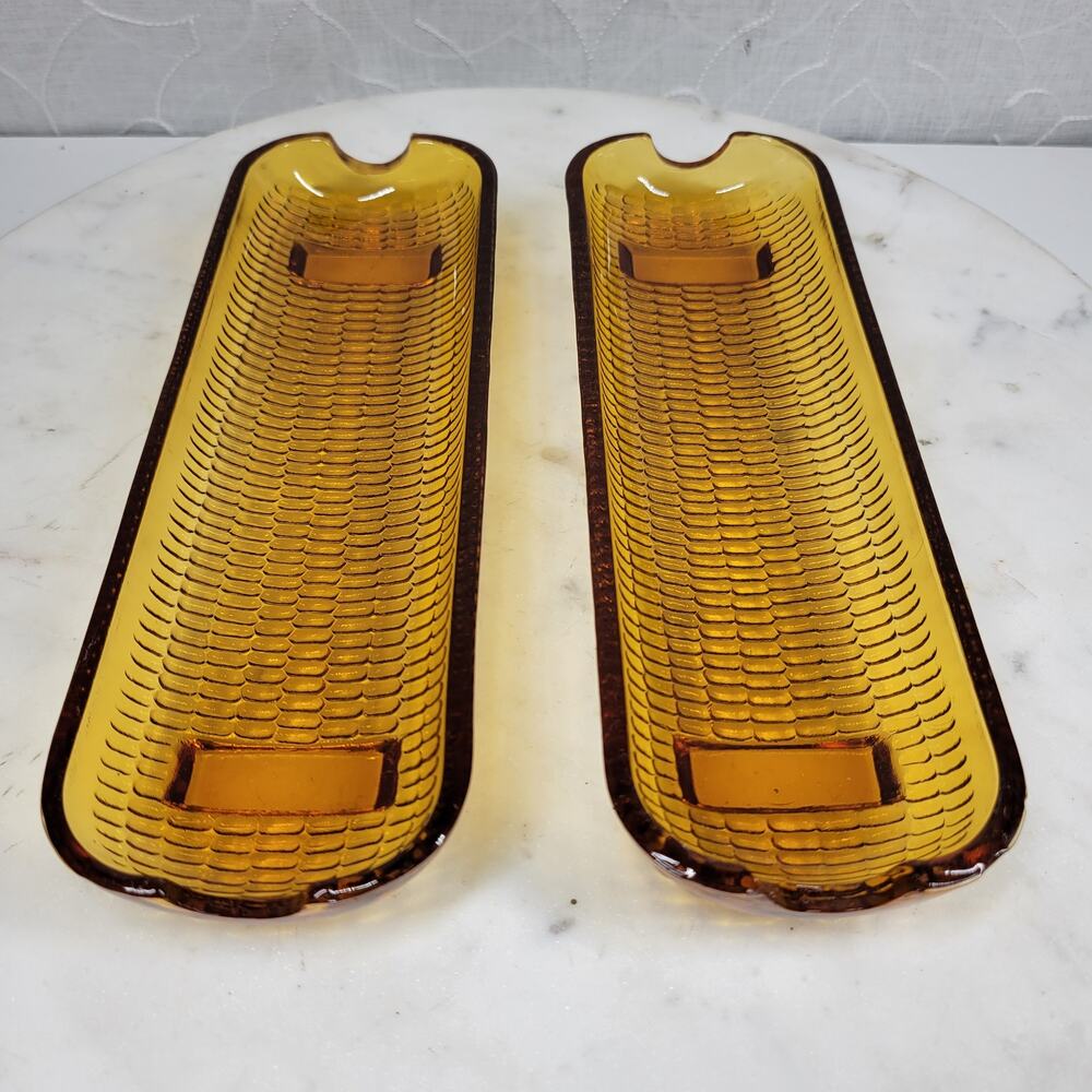 Vintage Indiana Glass Corn Cob Dish 8.5" x 2" Amber Retro Holder Plate Tray - Picture 4 of 11